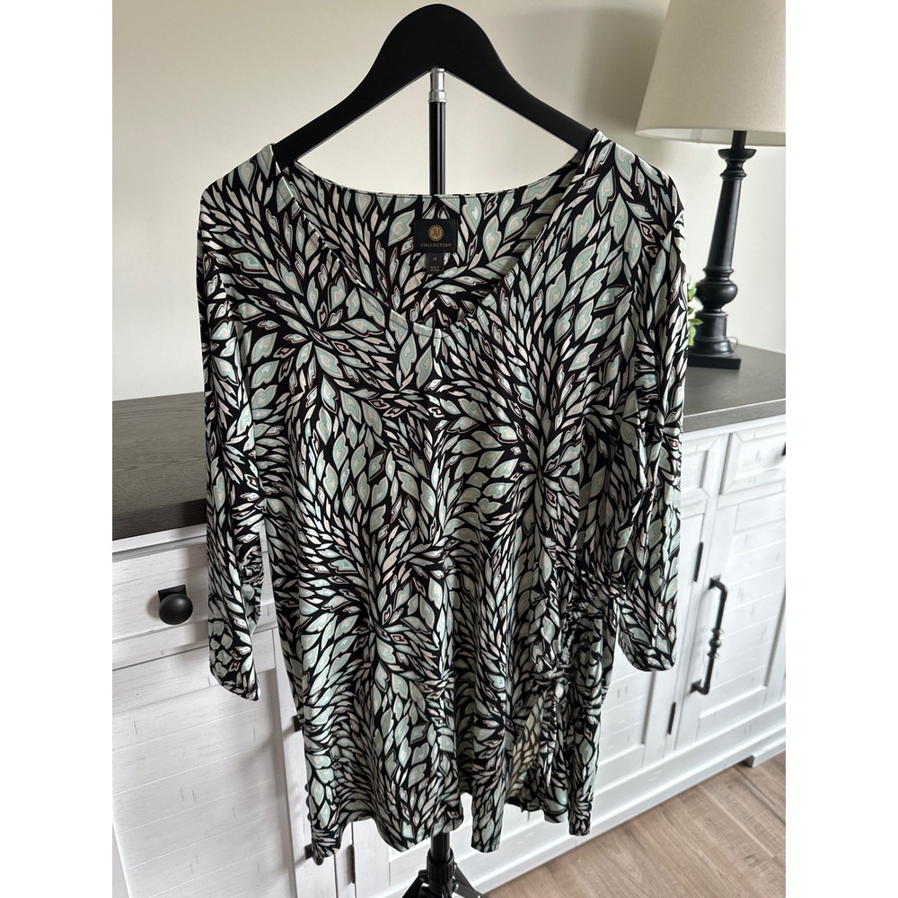 JM Collection Womens 1X Tunic Top Green Black Abstract Leaf Side Tie 3/4 Slv